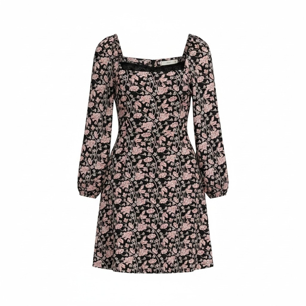 Mango MNG Mini Dress Women Size 8 Black Pink Floral Puff Sleeve Square Neck